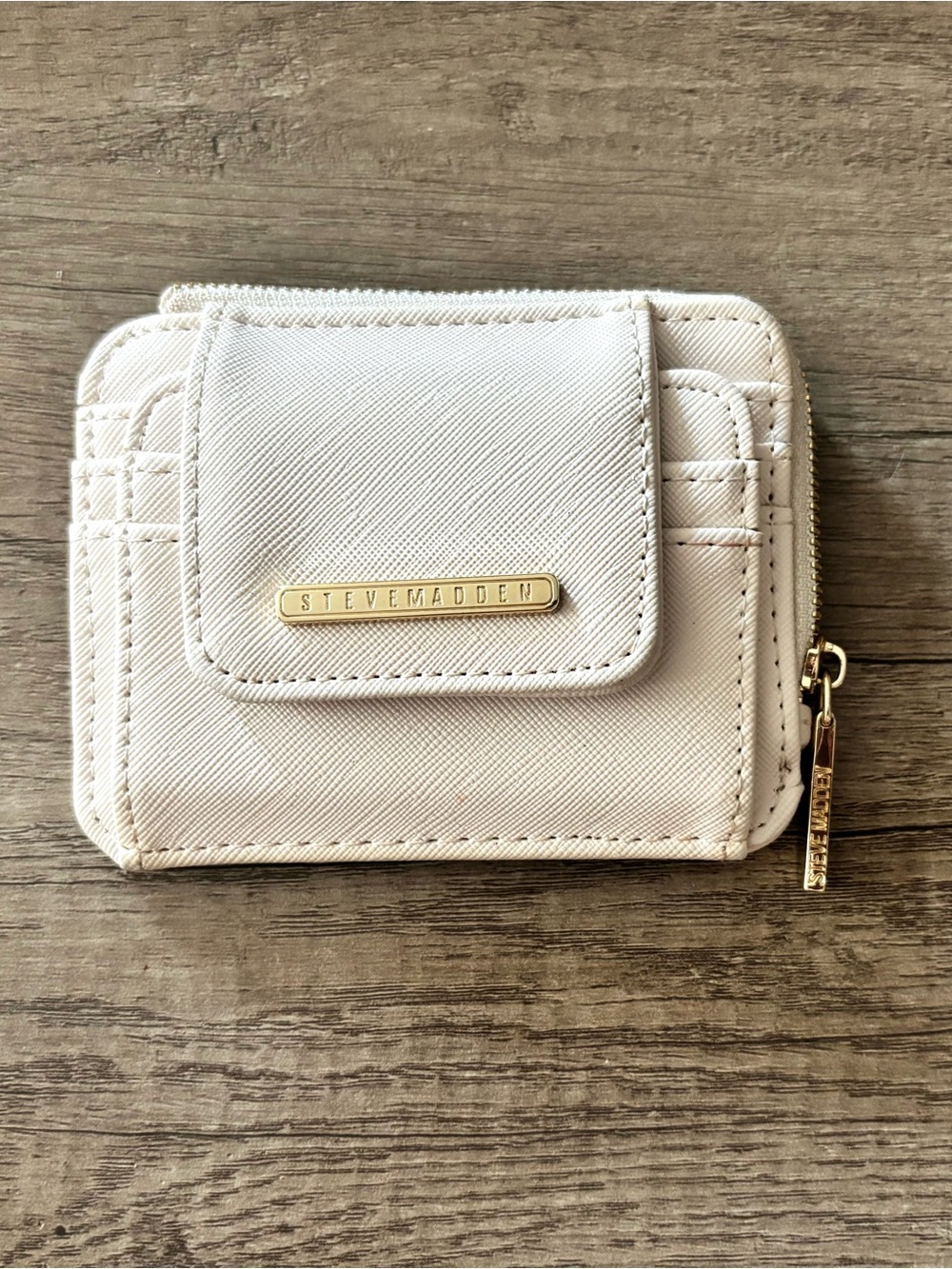 Steve Madden Cream Mini Zip Around Wallet with Front Flap